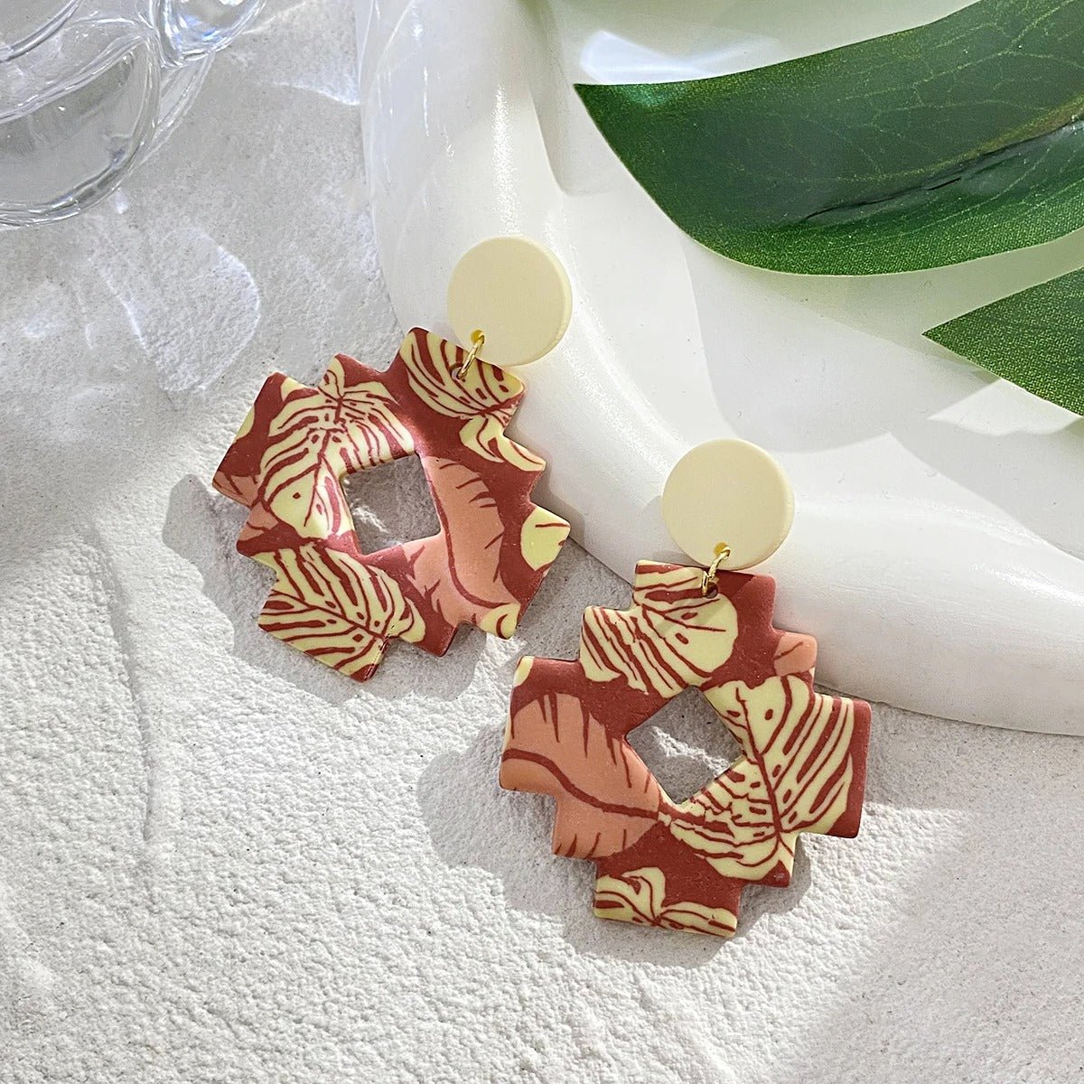 Tropical Leaf Square Drop Earrings - DAG JEWELRY